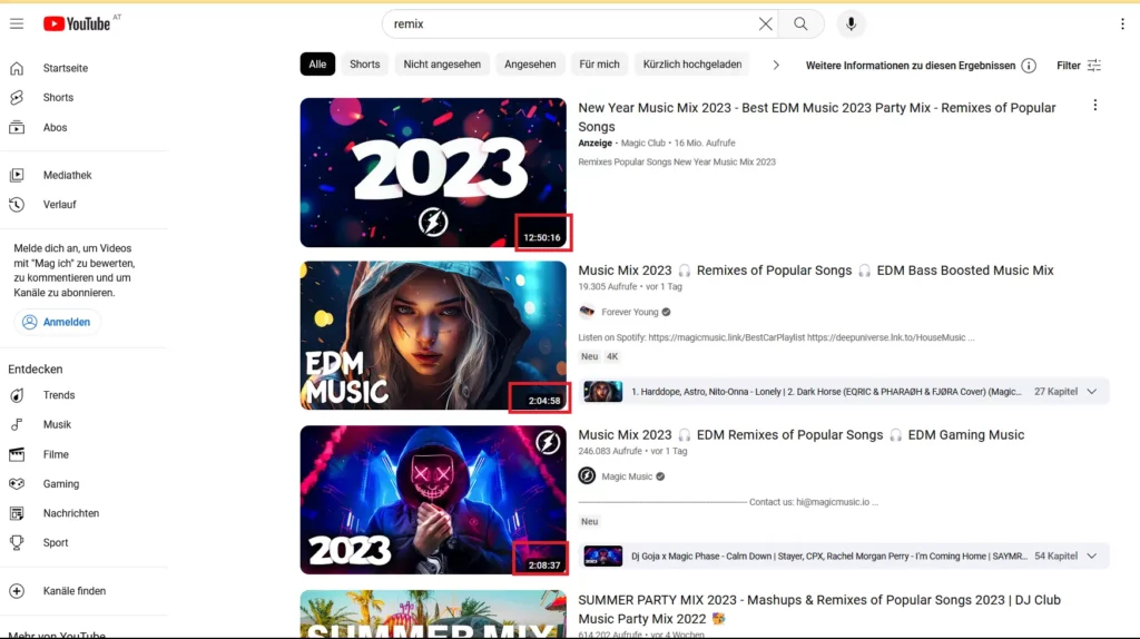 Screenshot von Musik Kanäle auf Youtube