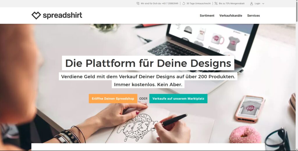 Screenshot Spreadshirt - Plattform für Verkauf von Designs