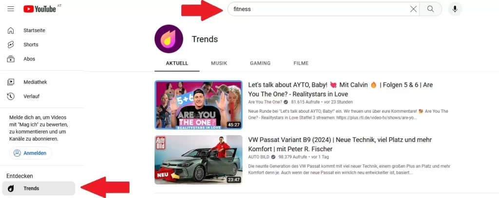 Screenshot Youtube Suche und Youtube Trends
