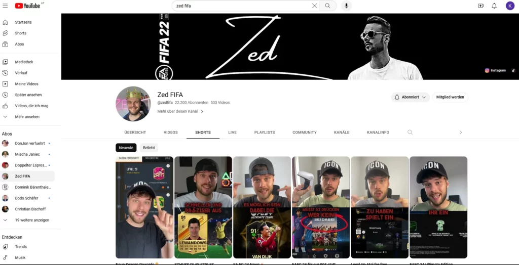 Screenshot Youtube Channel Zed Fifa