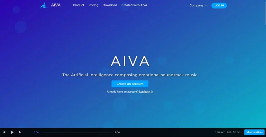 Screenshot von aiva.ai als KI-Tool für die Erstellung von Audio und Musik mithilfe von Künstlicher Intelligenz