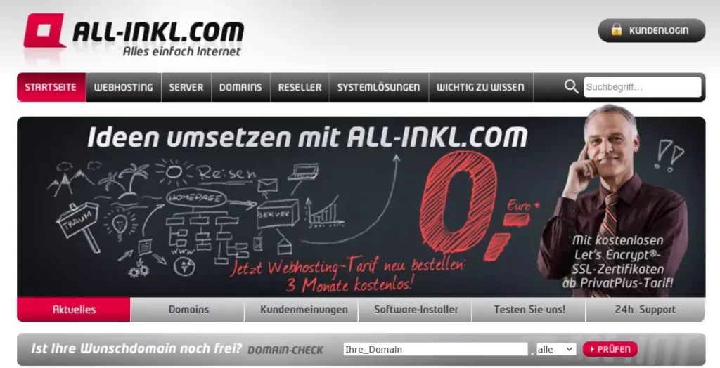 Screenshot Allinkl als Hosting und Domainanbiet für ein Online Business