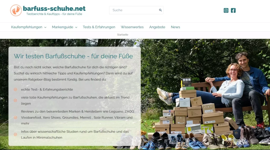 Screenshot von Barfuss-schuhe.net als Beispiel von einer Nischen und Affiliateseite