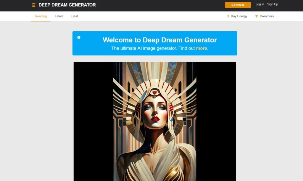 Screenshot von deepdreamgenerator.com als KI-Tool für die Erstellung von Bilder und Designs mithilfe von Künstlicher Intelligenz