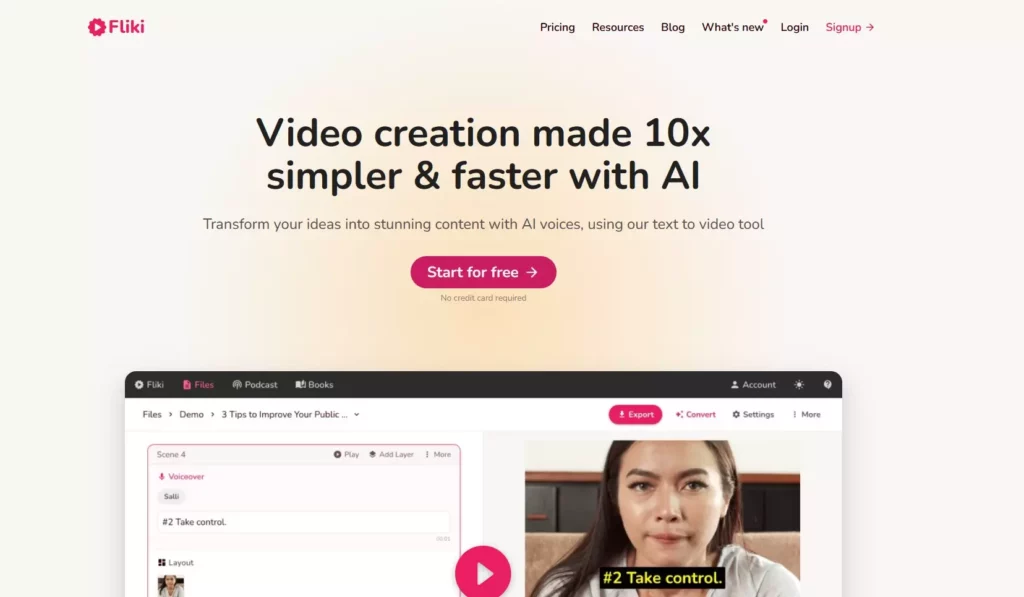 Screenshot von fliki.ai als KI-Tool für die Erstellung von Videos und Audio mithilfe von Künstlicher Intelligenz