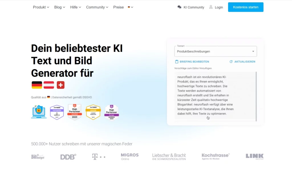 Screenshot von Neuroflash als KI-Tool für die Generierung von Texten mithilfe von Künstlicher Intelligenz