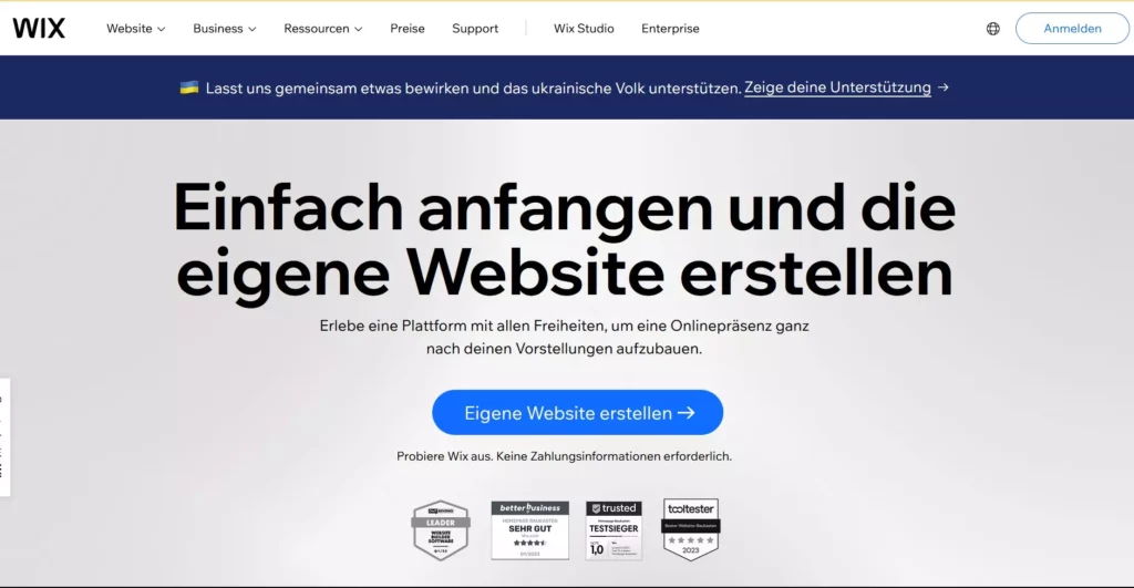 Screenshot von Wix als Möglichkeit zum Aufbau einer Firmenwebsite für ein Online Business